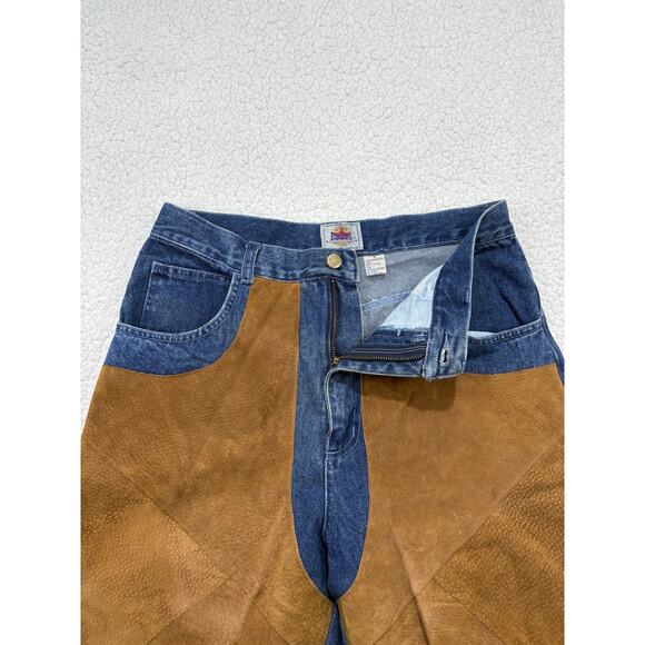Vtg Blue Creek Jeans Suede Leather Front Patches Denim Womens 16 Hi Rise Western - Picture 2 of 6